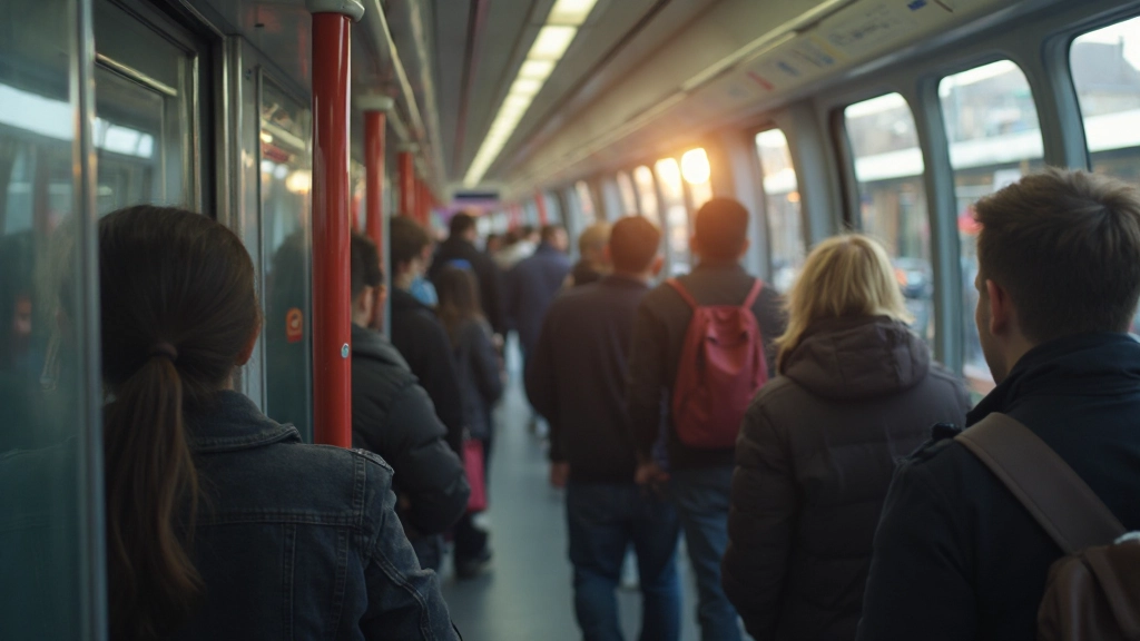Moderne treinstation met pendels die instappen, natuurlijk daglicht, druk maar georganiseerd