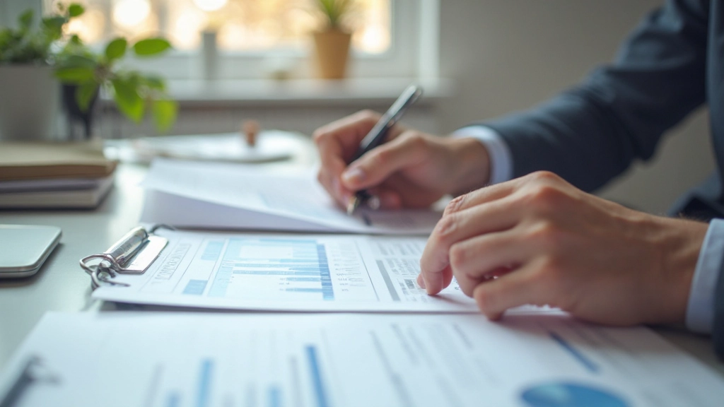 Professional overhead view van budgetplanning met rekenmachine en financiële documenten op georganiseerd bureau