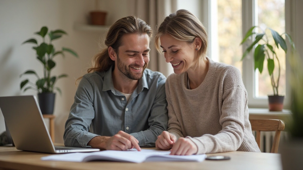 Professional foto van gelukkig stel dat samen hun bespaarplan bekijkt aan tafel met laptop en financiële planning
