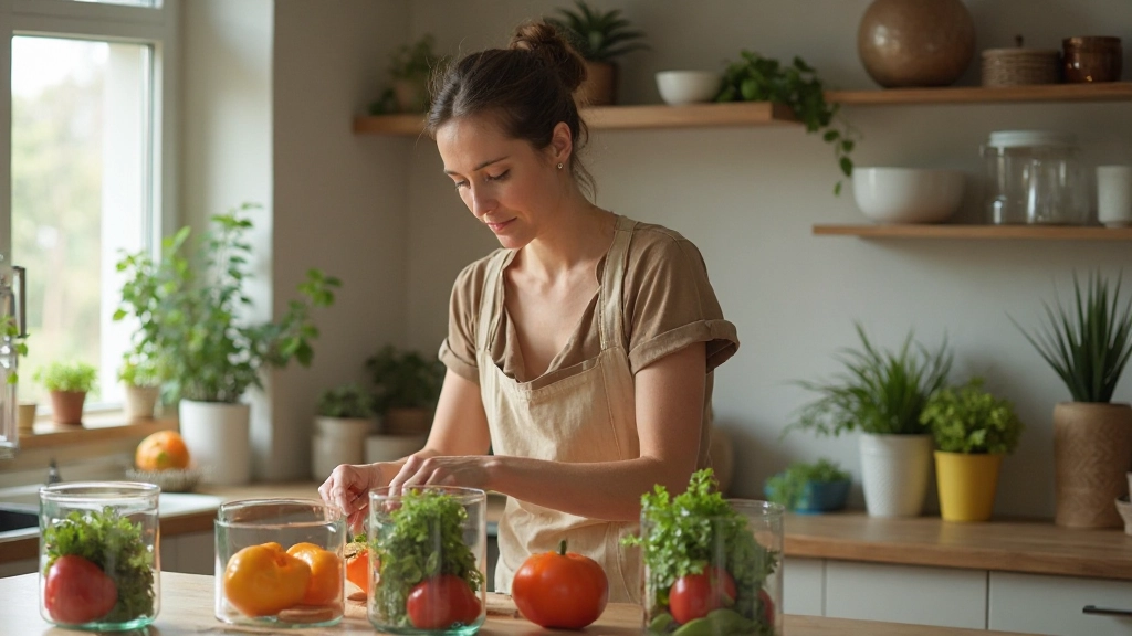Professional keukenscène met persoon die verse groenten voorbereidt in glazen containers voor de week