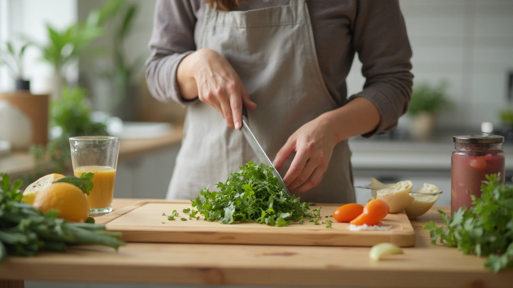 Anatomisch correcte persoon voorbereiding maaltijden in schone keuken, twee handen zichtbaar, vers voedsel, gezond voorkomen