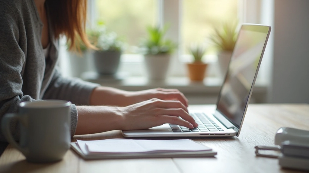 Moderne thuiswerkplek met laptop, notitieboeken en kopje koffie, natuurlijk daglicht, opgeruimde werkruimte